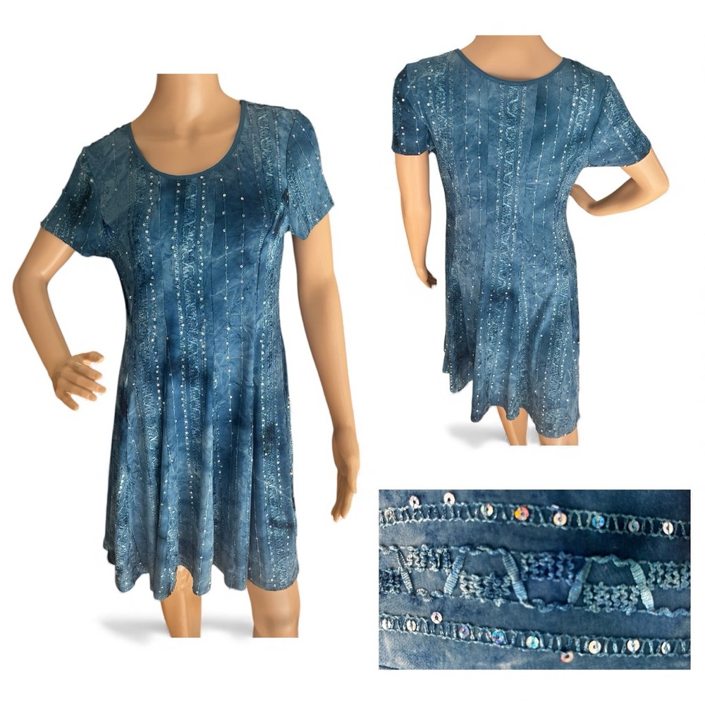Sami & Jo Petite PL Blue Sequin A-Line Dress Short Sleeve Stretchy
